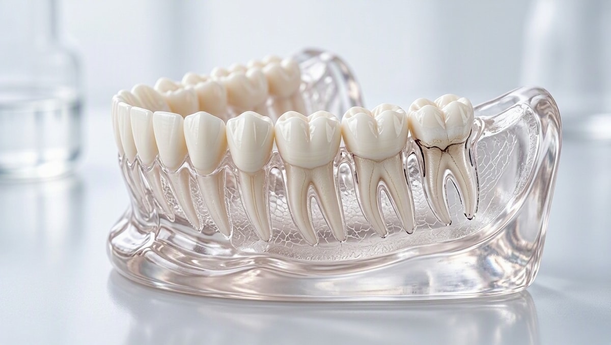 Modelo anatômico odontológico exibindo a posição do dente do siso no fundo da arcada dentária.