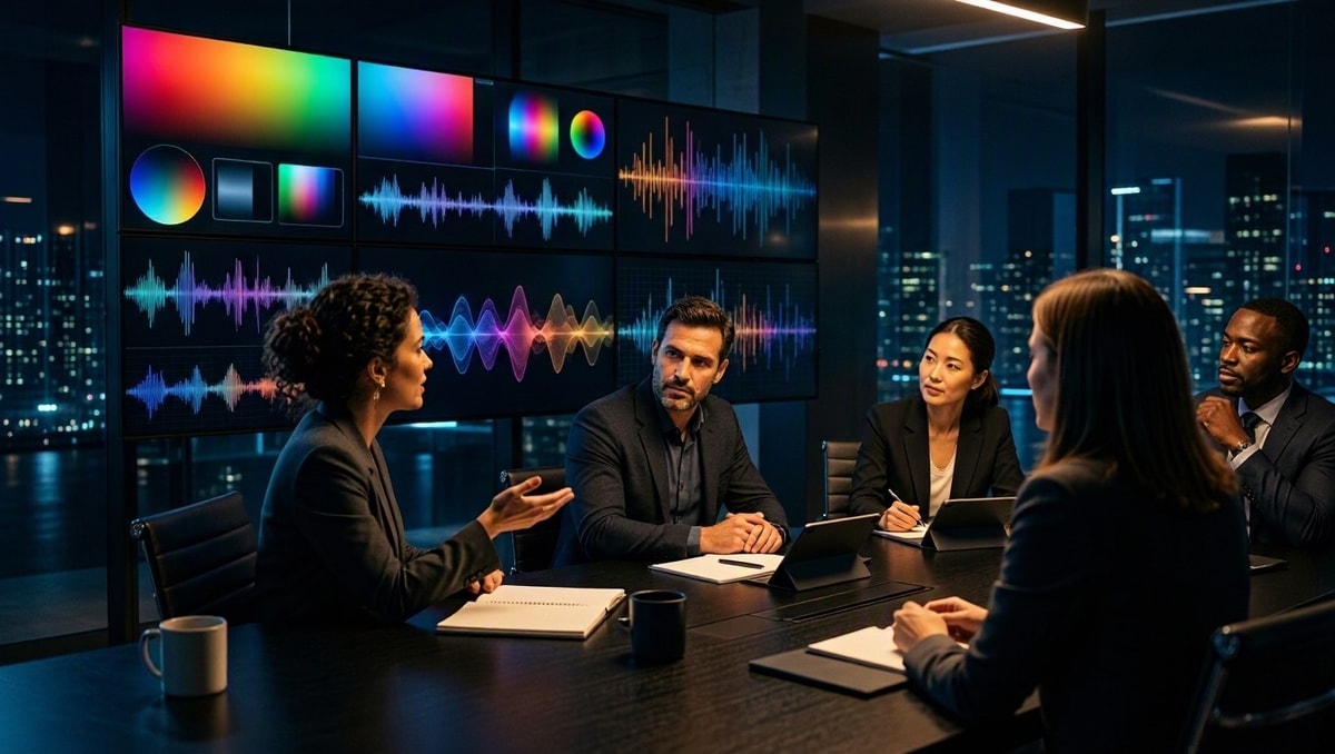 Profissionais de planejamento reunidos em sala técnica com telas de mídia e iluminação contemporânea.