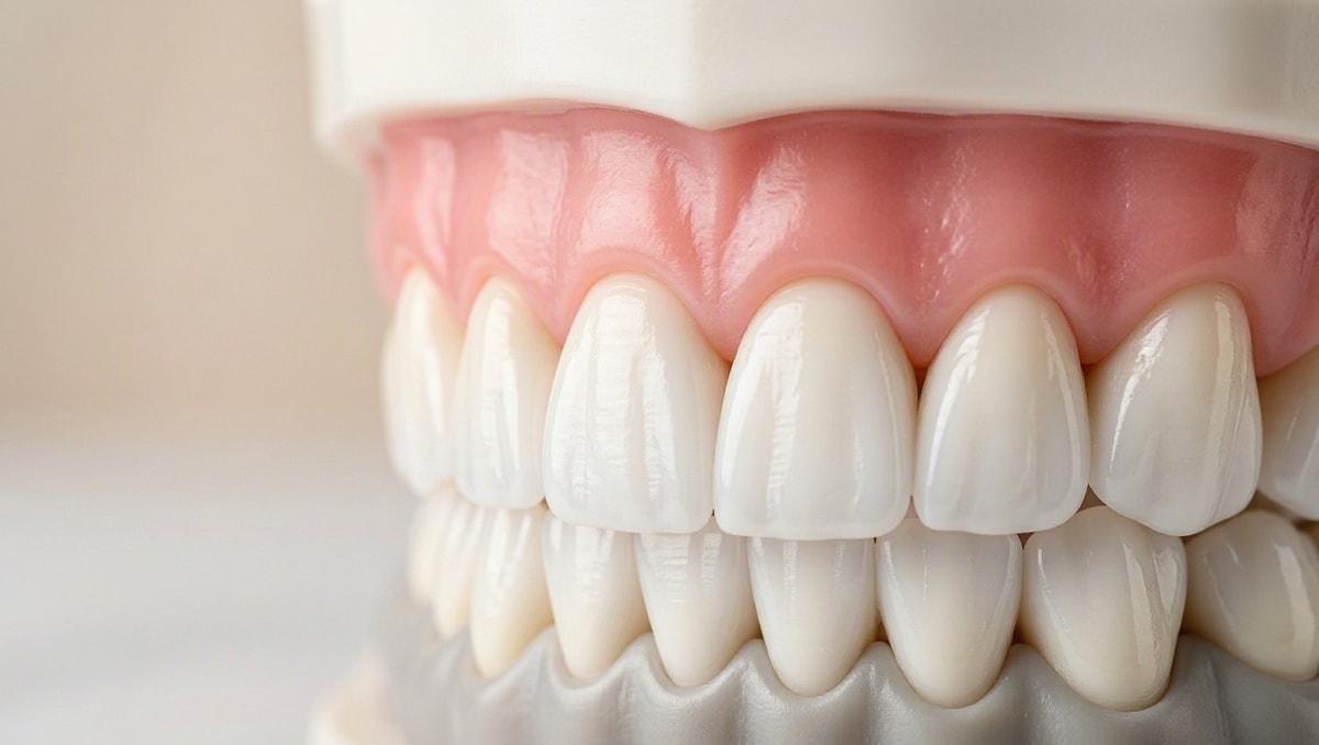 Margem gengival e placa bacteriana Modelo odontológico anatômico destacando a linha de junção entre os dentes e a gengiva.