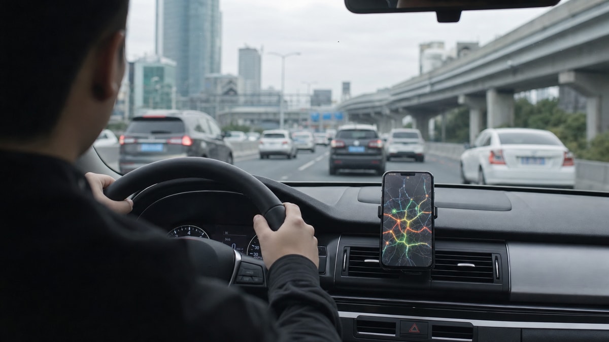 Interior de veículo com motorista ao volante observando condições de tráfego em via urbana.
