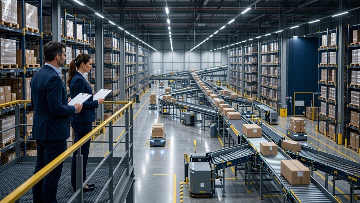 Instalações modernas de um centro de distribuição com estrutura logística automatizada de comércio eletrônico.