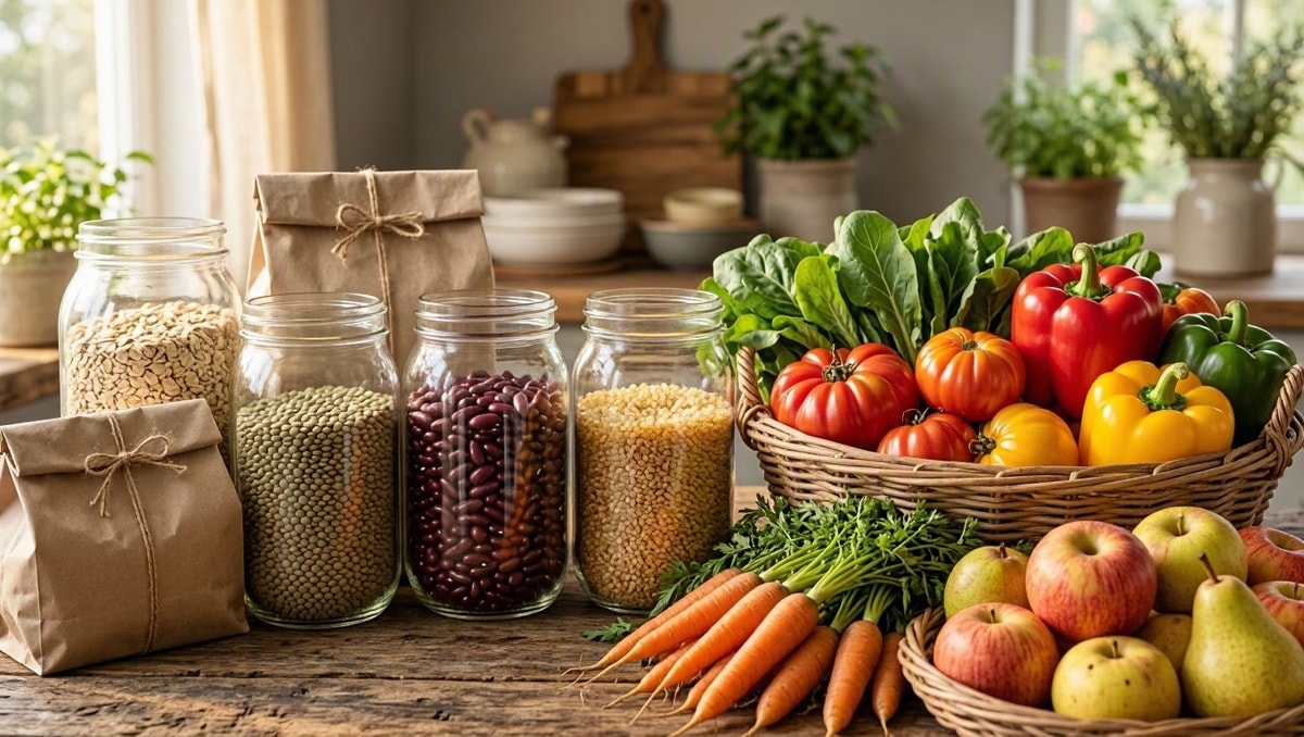 Alimentos frescos e itens de despensa Cestos com frutas e legumes frescos dispostos ao lado de recipientes com alimentos secos em bancada rústica.