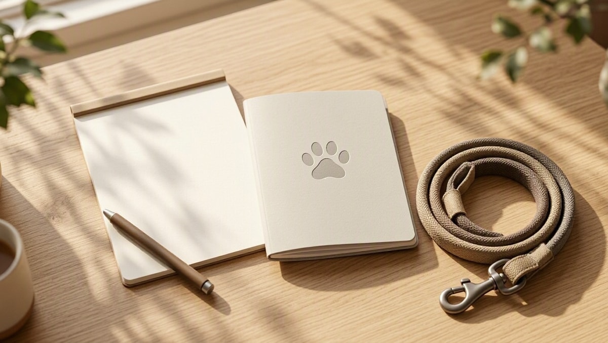 Organização do histórico e carteirinha de vacinação Carteirinha de saúde pet, bloco de notas e guia organizados sobre mesa de madeira para a consulta veterinária.