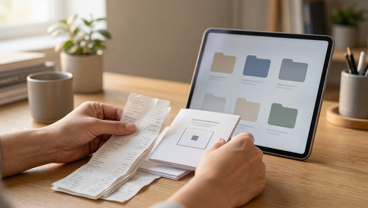 Pessoa organizando comprovantes impressos e manual de instrução ao lado de um tablet sobre a mesa.