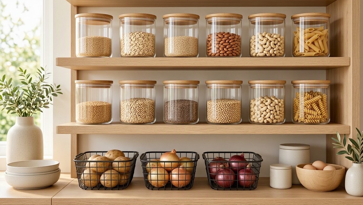 Prateleiras de despensa organizadas com potes de vidro transparentes e cestos de alimentos.