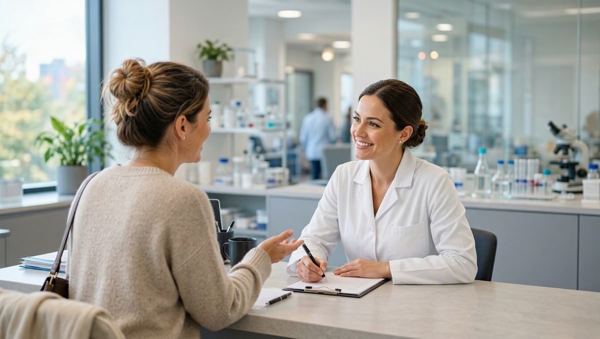 Mulher dialogando na recepção de laboratório para tirar dúvidas sobre o preparo de seus exames.