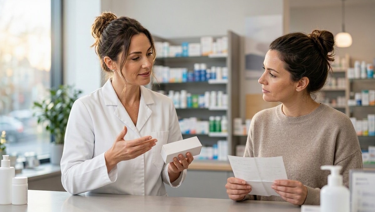 Farmacêutica de jaleco branco explicando detalhes de um medicamento para cliente com receita na farmácia.