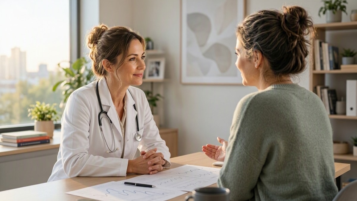 Médico e paciente em conversa atenta durante consulta para avaliação de laudos de exames.