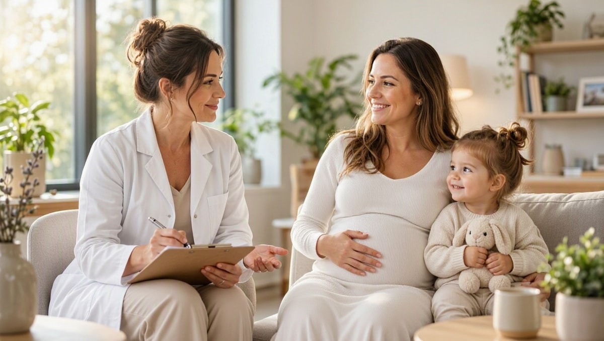 Orientação médica individualizada Médica conversando atentamente com gestante e criança em consultório clínico acolhedor.