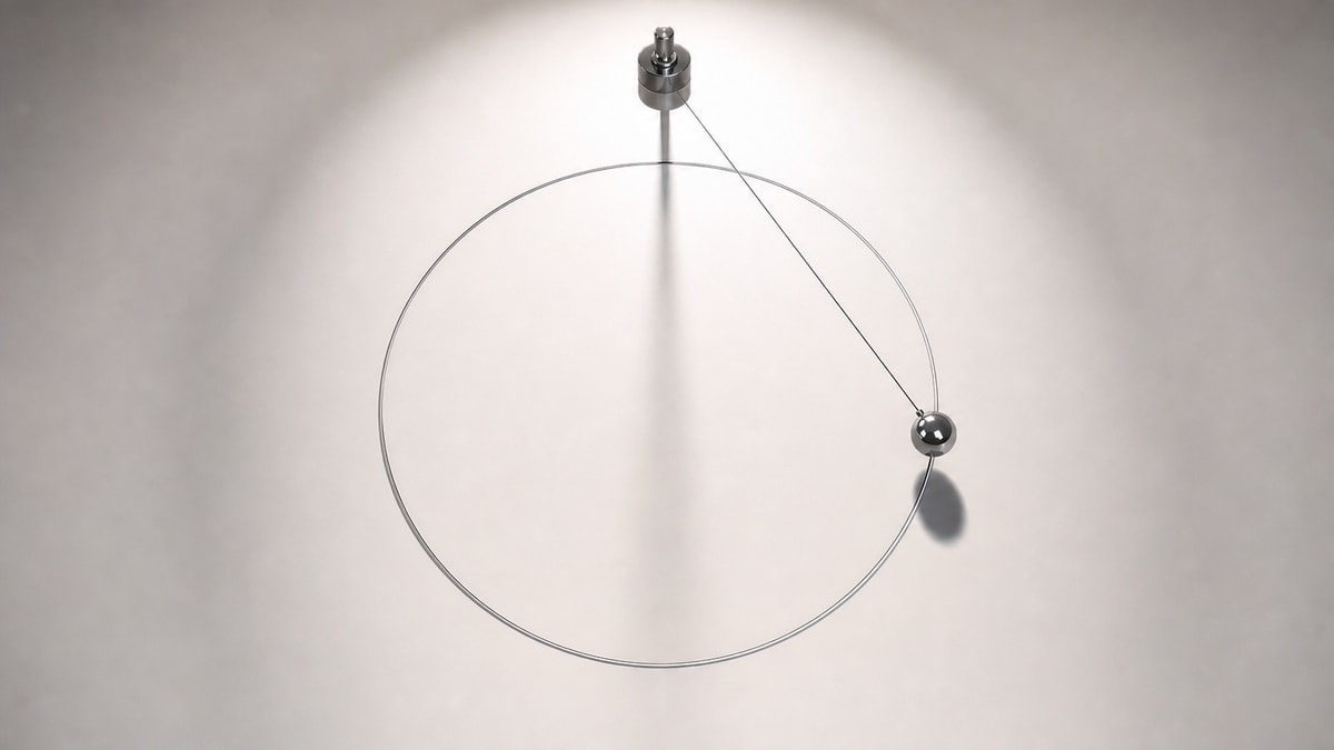 Direção radial da força e aceleração em direção ao centro Pêndulo cônico com corpo metálico em trajetória circular e fio tensionado orientado para o ponto central de rotação.