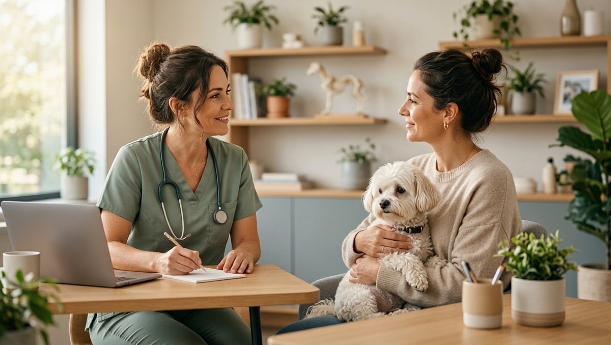 Planejamento dos próximos reforços Veterinária registrando próximas datas de reforço vacinal enquanto orienta a tutora ao término da consulta.