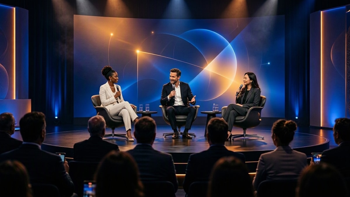 Palestrantes em palco de conferência de negócios debatendo comunicação e vendas sob iluminação cênica.