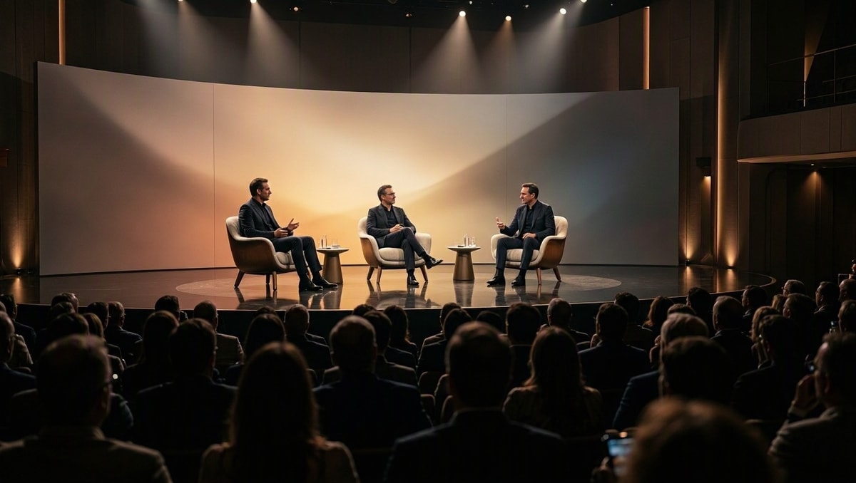 Palco de conferência corporativa com debatedores em poltronas sob iluminação cênica de auditório de negócios.