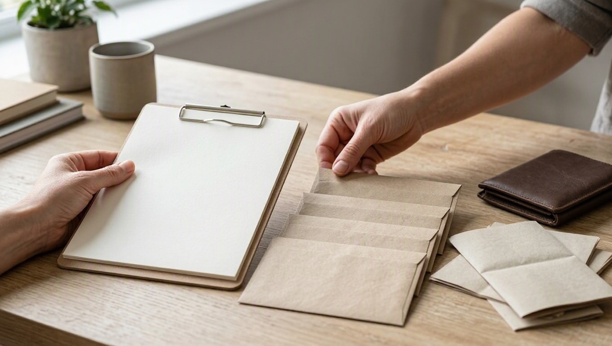 Compromissos dos próximos meses Uma pessoa organiza envelopes e calendário ao considerar pagamentos futuros.