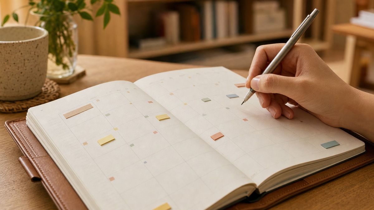 Planner de estudos aberto sobre a mesa com marcações sutis de datas espaçadas para revisão