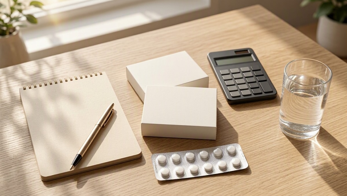Mesa com bloco de anotações, calculadora, copo de água e embalagens de remédios representando planejamento de despesas com tratamento.