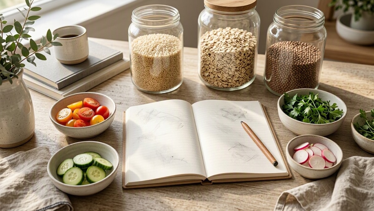 Bloco de anotações ao lado de ingredientes frescos na bancada para conferência de compras.