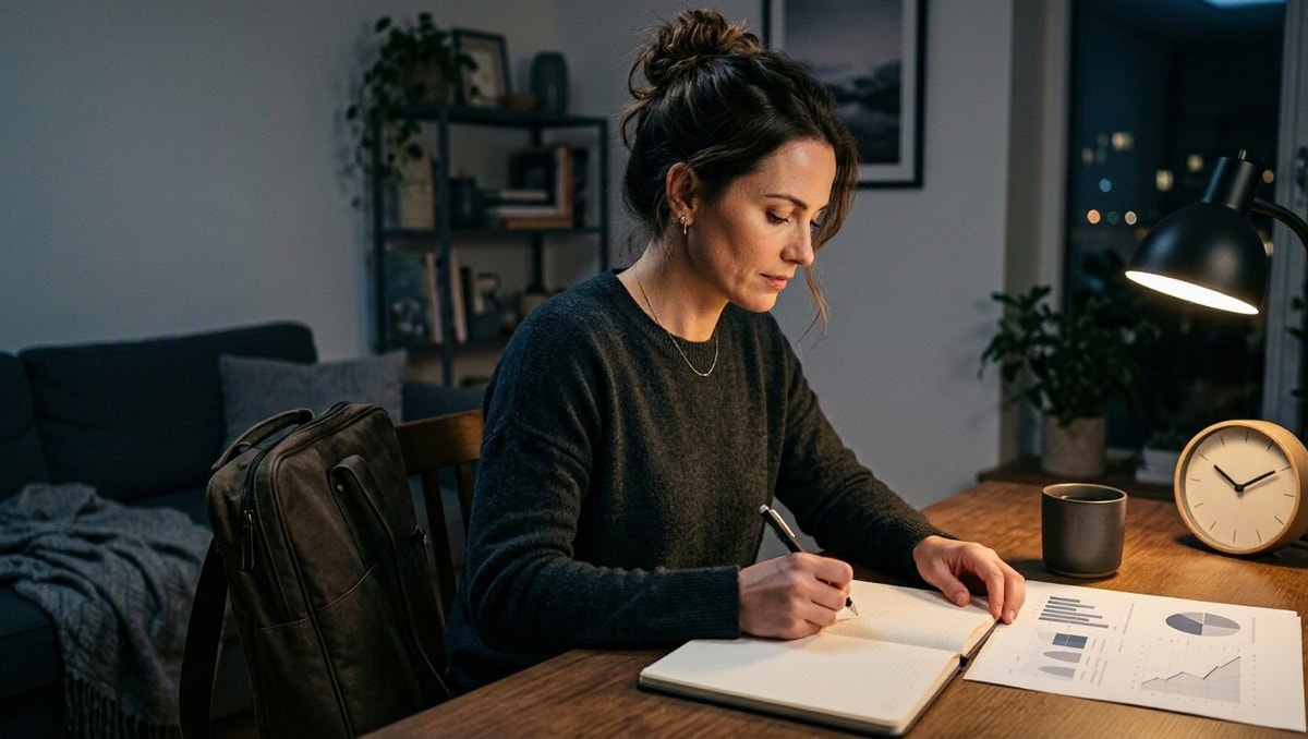 Conciliar trabalho e estudo Pessoa estuda em casa após o trabalho, com materiais de aprendizagem e um relatório sobre a mesa.