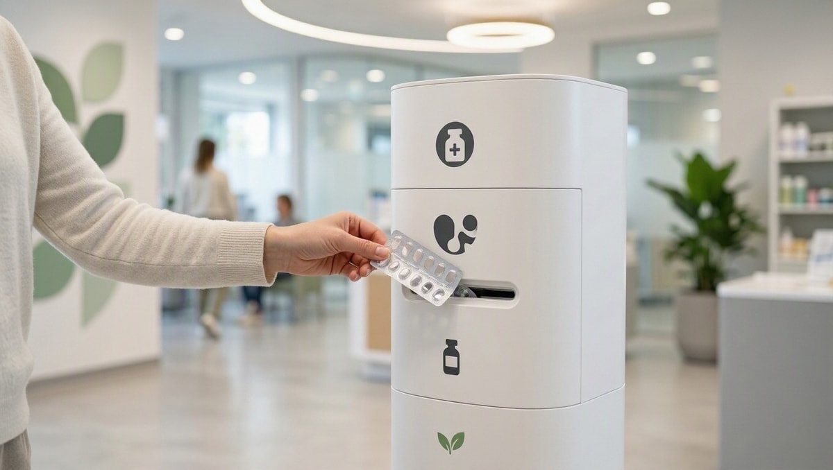 Ponto de coleta para descarte Pessoa inserindo medicamento em compartimento de coletor ecológico em ponto de entrega apropriado.