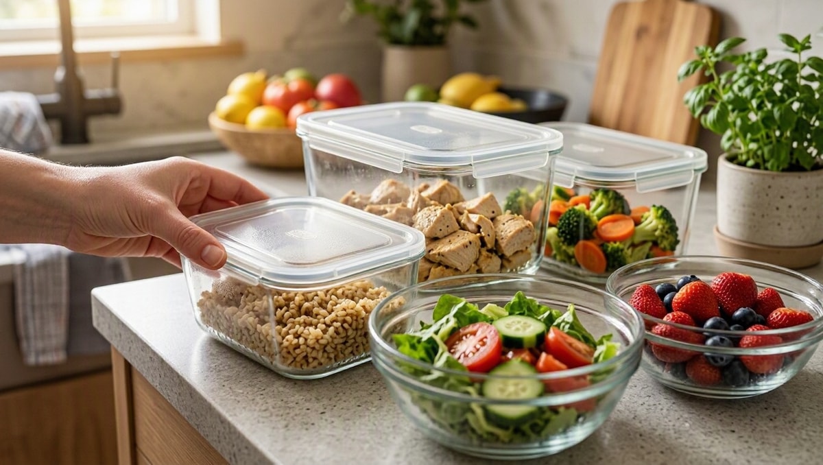 Porções organizadas Porções em recipientes vedados organizadas para facilitar o uso dos alimentos