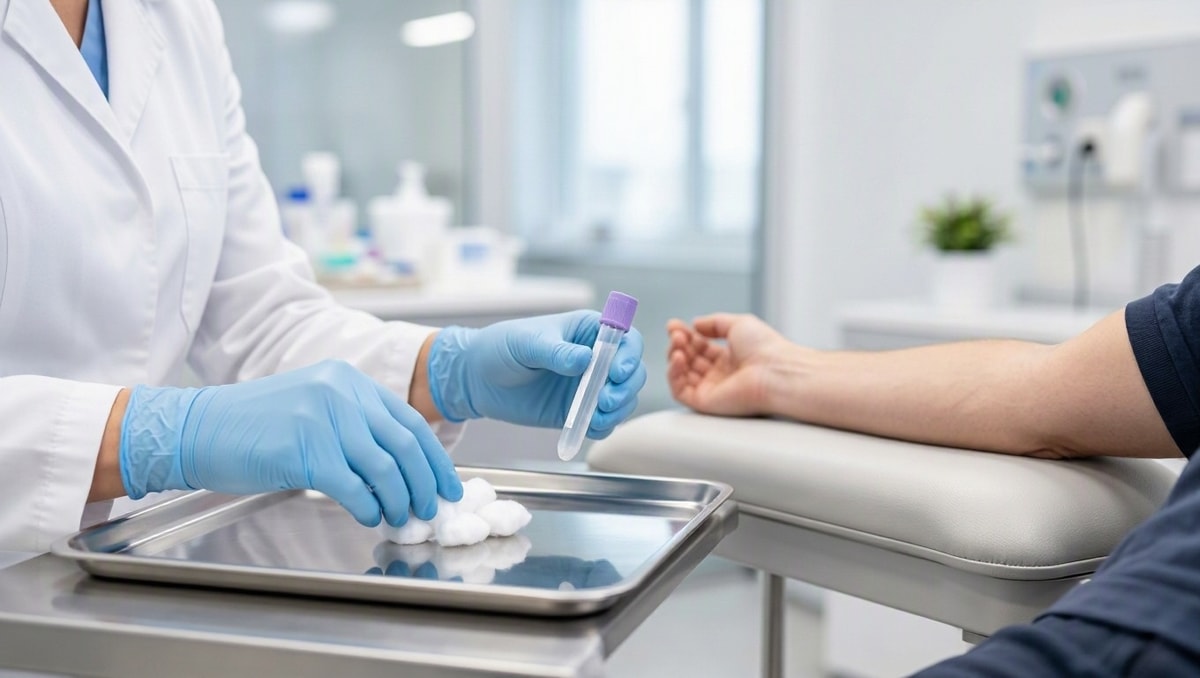 Preparo para coleta de sangue Profissional de saúde com luvas organizando materiais para exame de sangue em ambiente laboratorial