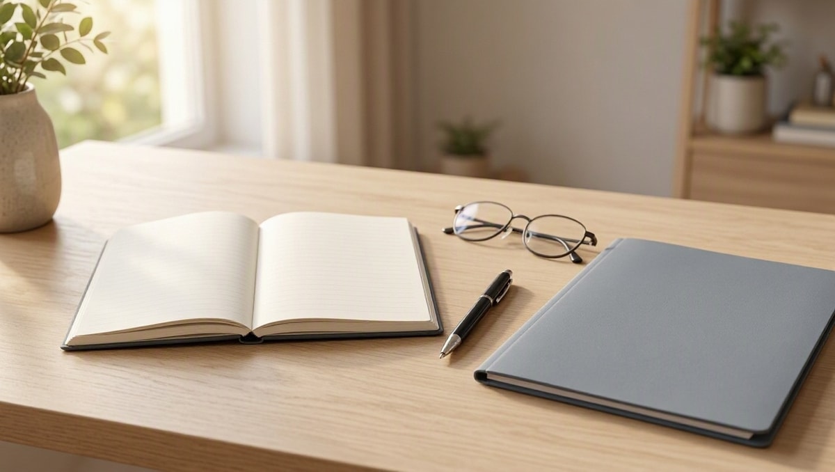 Bloco de notas com caneta e óculos de leitura sobre mesa de madeira para preparar perguntas ao médico.