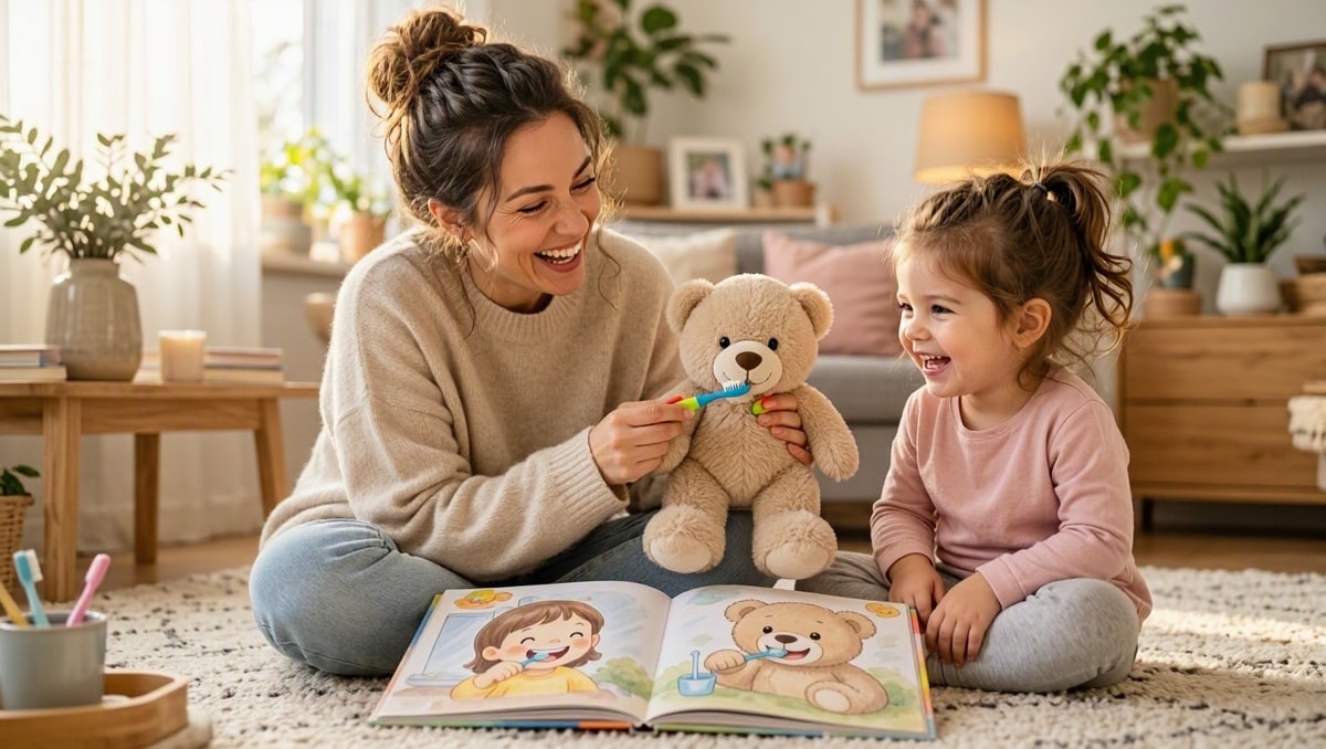 Preparo lúdico da criança para consulta Mãe e filho brincando com bichinho de pelúcia para preparar a visita ao dentista