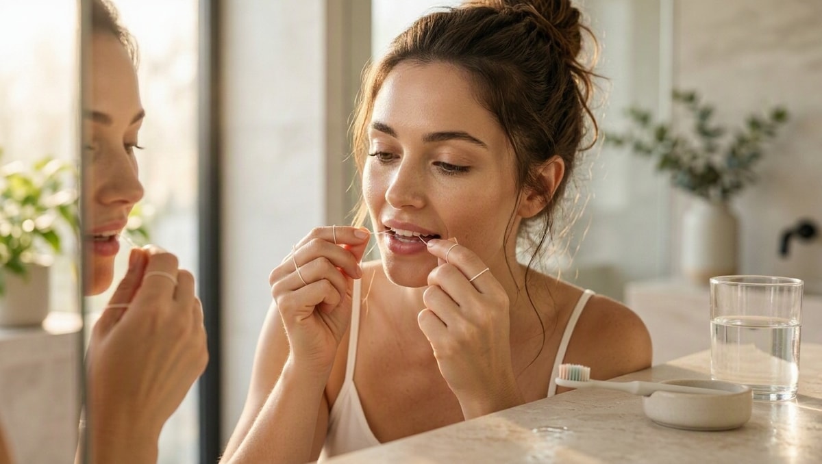 Uso correto do fio dental durante a rotina diária de higiene bucal para prevenção da gengivite.