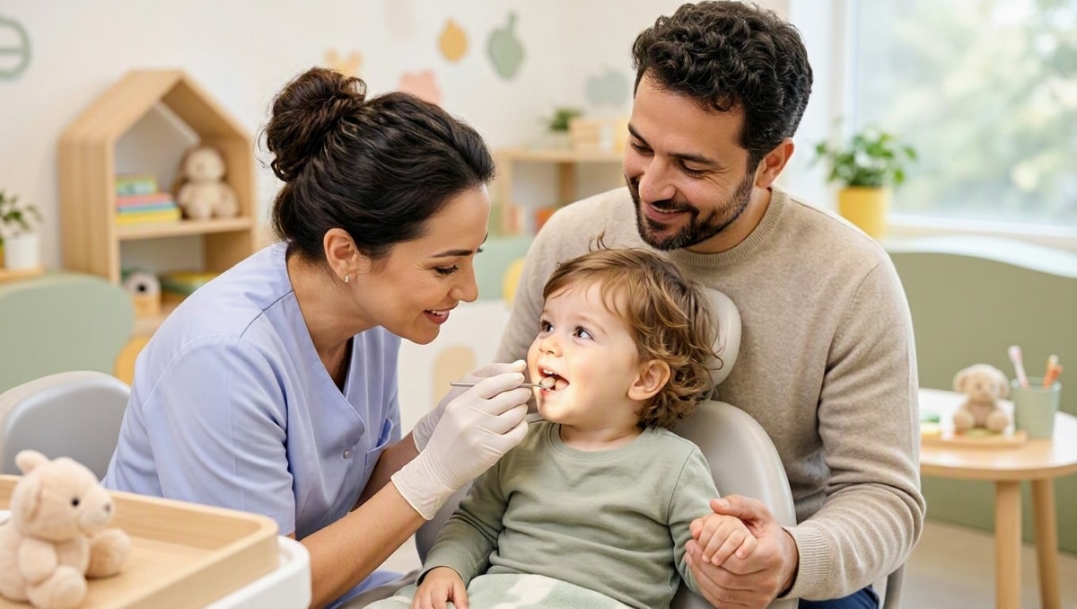Avaliação clínica na primeira consulta infantil Odontopediatra realizando avaliação bucal em criança com apoio do pai no consultório