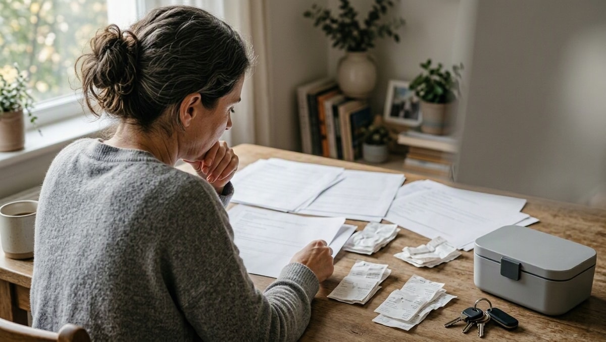 Pessoa organiza papéis e considera prioridades financeiras à mesa de casa.