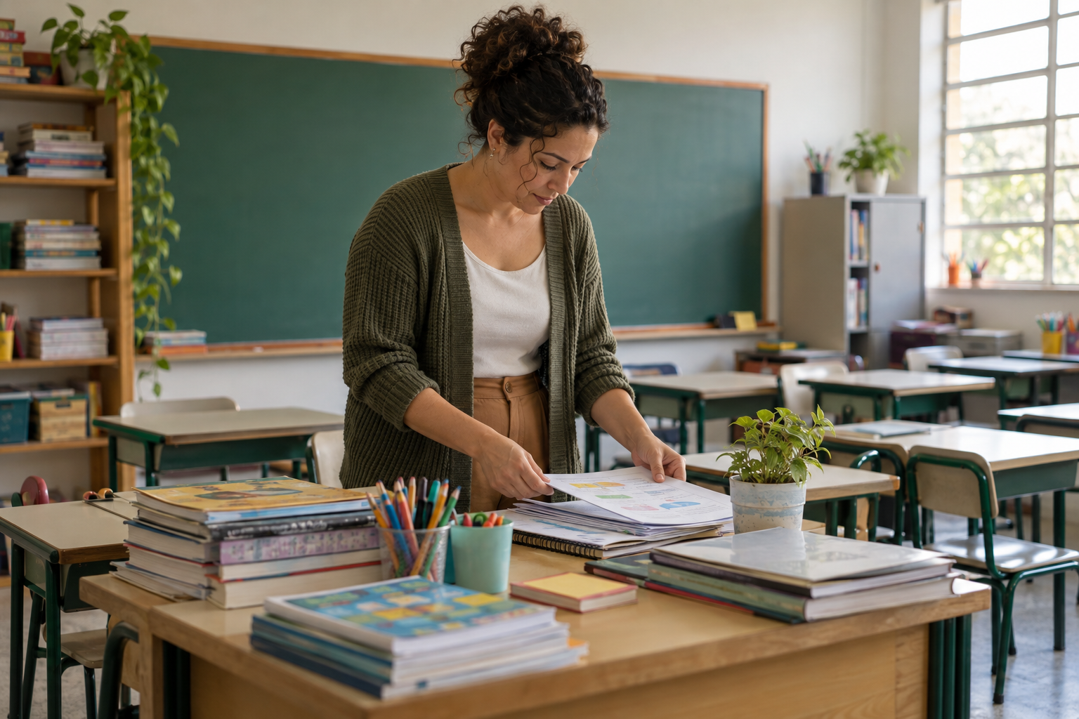 Professora organiza materiais em sala de aula durante um dia de planejamento escolar