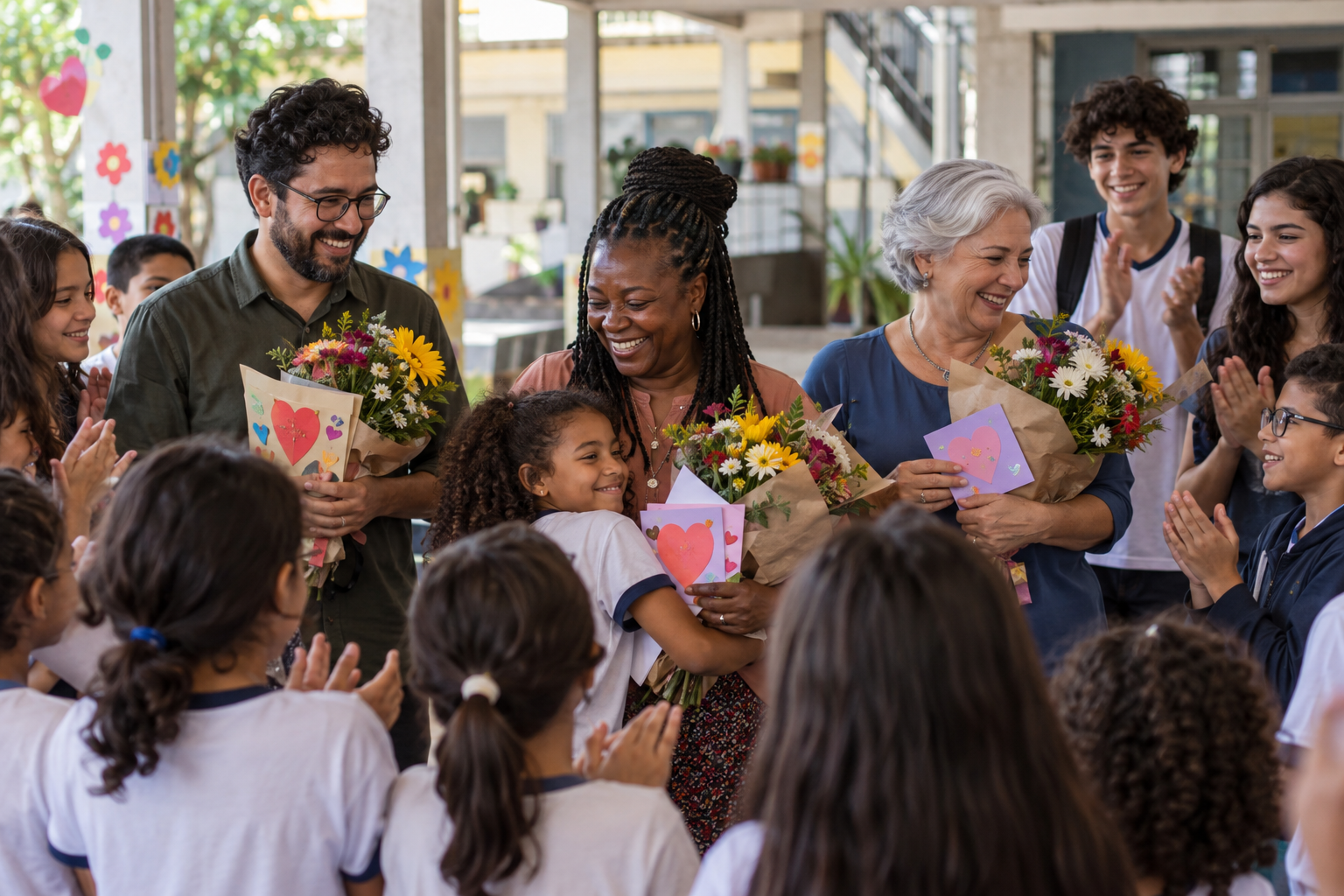 Professores são homenageados por estudantes com flores e cartões no Dia do Professor