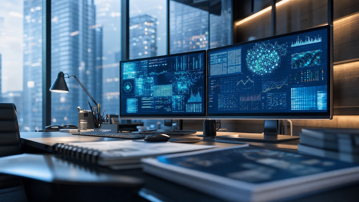Estação de trabalho técnica com monitores exibindo matrizes de processamento de dados corporativos e documentação técnica.