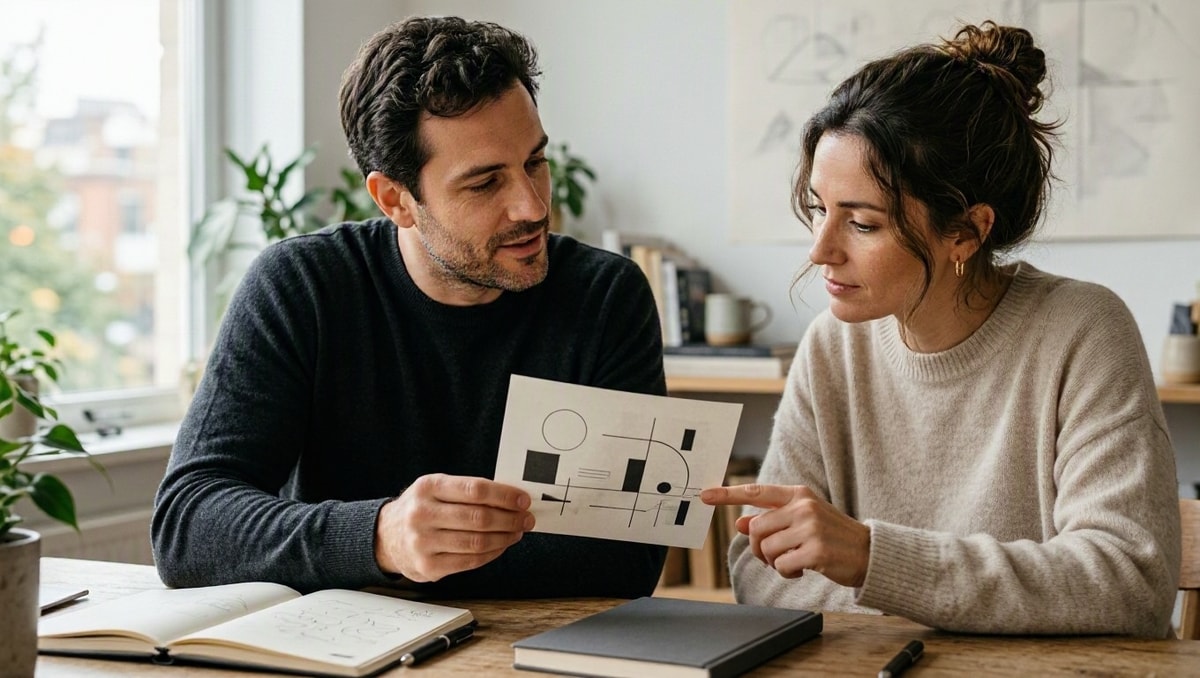 Aprender com projeto e feedback Duas pessoas analisam uma entrega e conversam sobre possíveis ajustes.