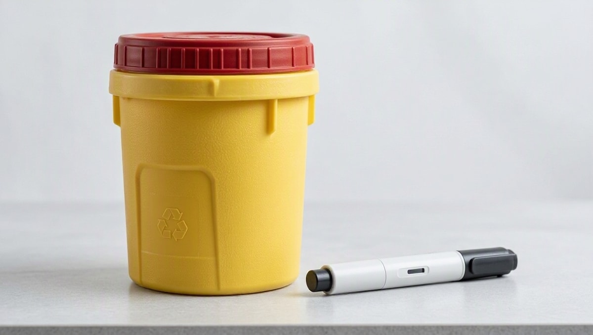 Acondicionamento seguro de perfurocortantes Recipiente rígido seguro com tampa para acondicionamento de agulhas e lancetas ao lado de caneta injetável fechada.