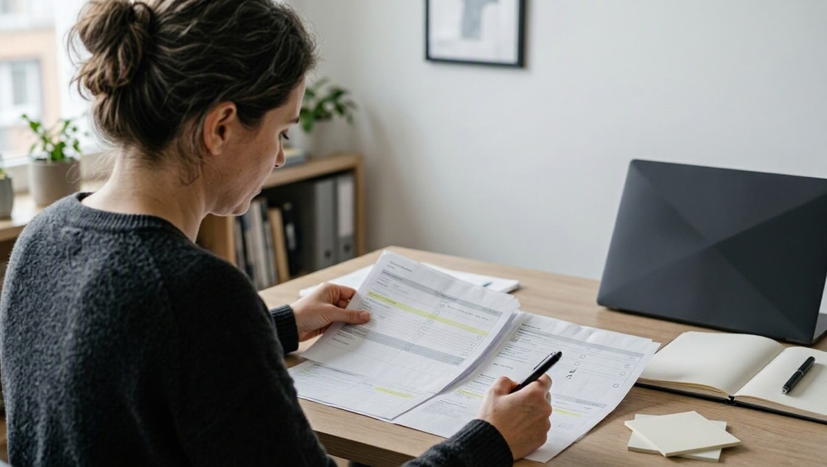 Consultar evidências reais Pessoa consulta documentos e registros de trabalho antes de escrever a autoavaliação.