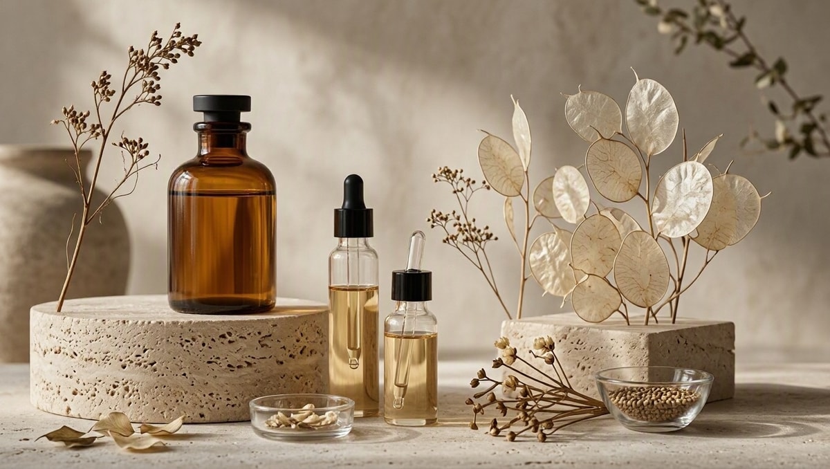 Regulação hormonal do FSH Composição artística minimalista com vidraria âmbar e elementos botânicos simbolizando equilíbrio hormonal