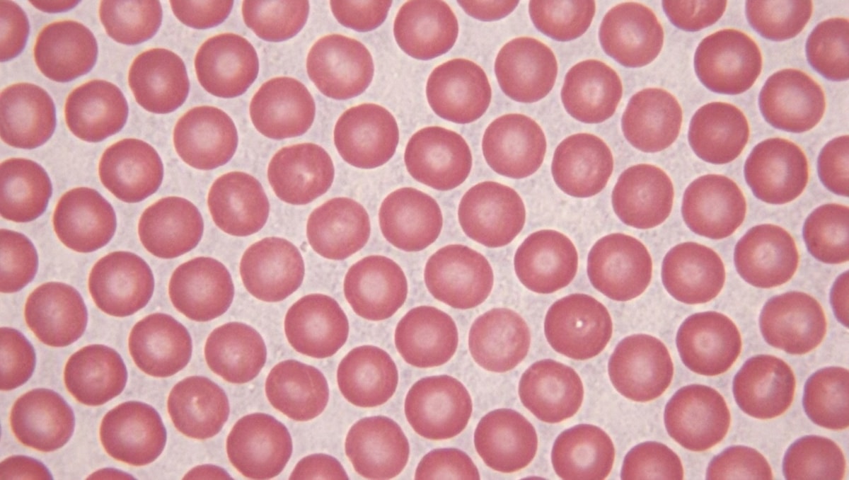 Morfologia das hemácias ao microscópio Vista microscópica de hemácias saudáveis com centro translúcido em lâmina de hematologia.