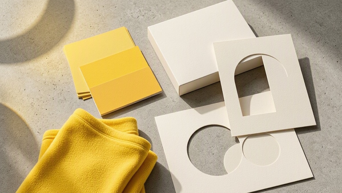 Composição de estúdio com cartelas de cores no tom amarelo característico, amostras têxteis e protótipos de embalagens.