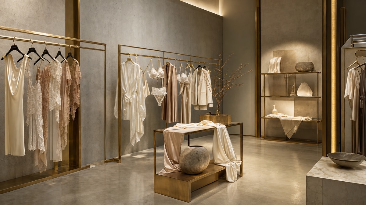 Lingerie elevada ao patamar de peça de moda e design Exposição elegante de peças de lingerie fina integradas a tecidos nobres em arara de loja de moda contemporânea.