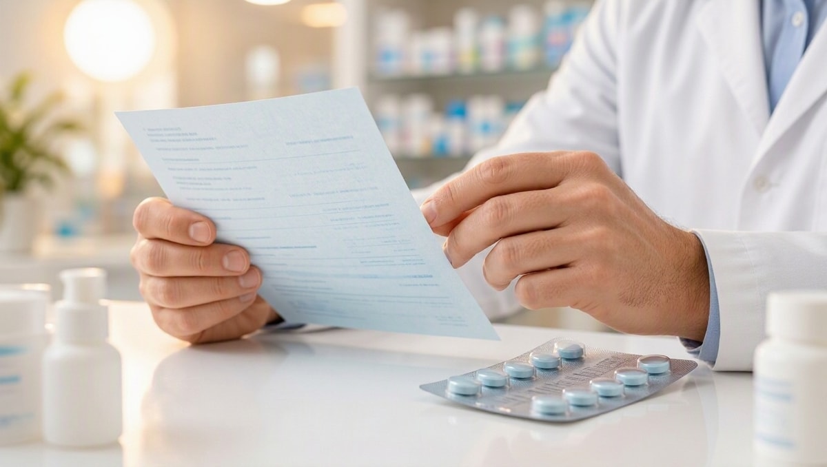 Farmacêutico segurando receituário médico azul durante conferência técnica para retenção de receita na farmácia.