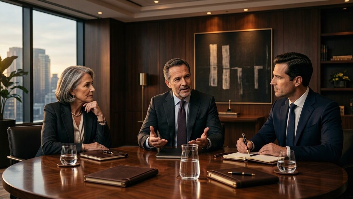 Conselheiros reunidos ao redor de mesa de reunião em discussão sobre governança corporativa e estratégia.