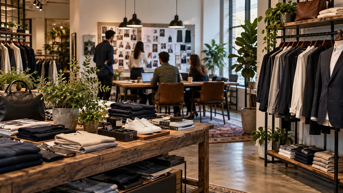 Interior de uma loja de roupas masculinas, com peças expostas e equipe trabalhando ao fundo.