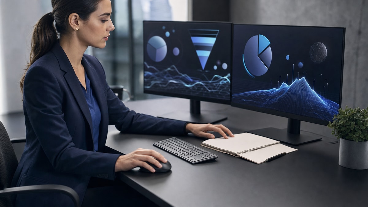 Rotina diária com ferramentas martech Profissional em estação de trabalho analisando indicadores de desempenho e gráficos em monitores digitais.