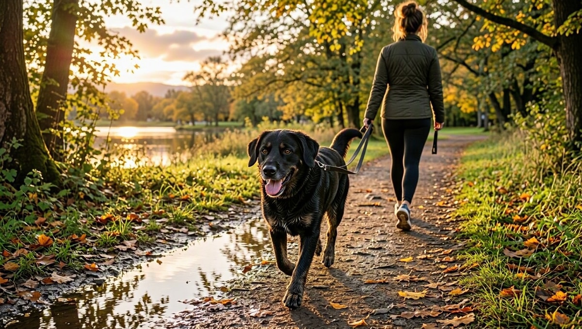 Exposição ambiental e rotina de passeio do cão Cão adulto passeando em trilha de parque com vegetação e solo úmido.