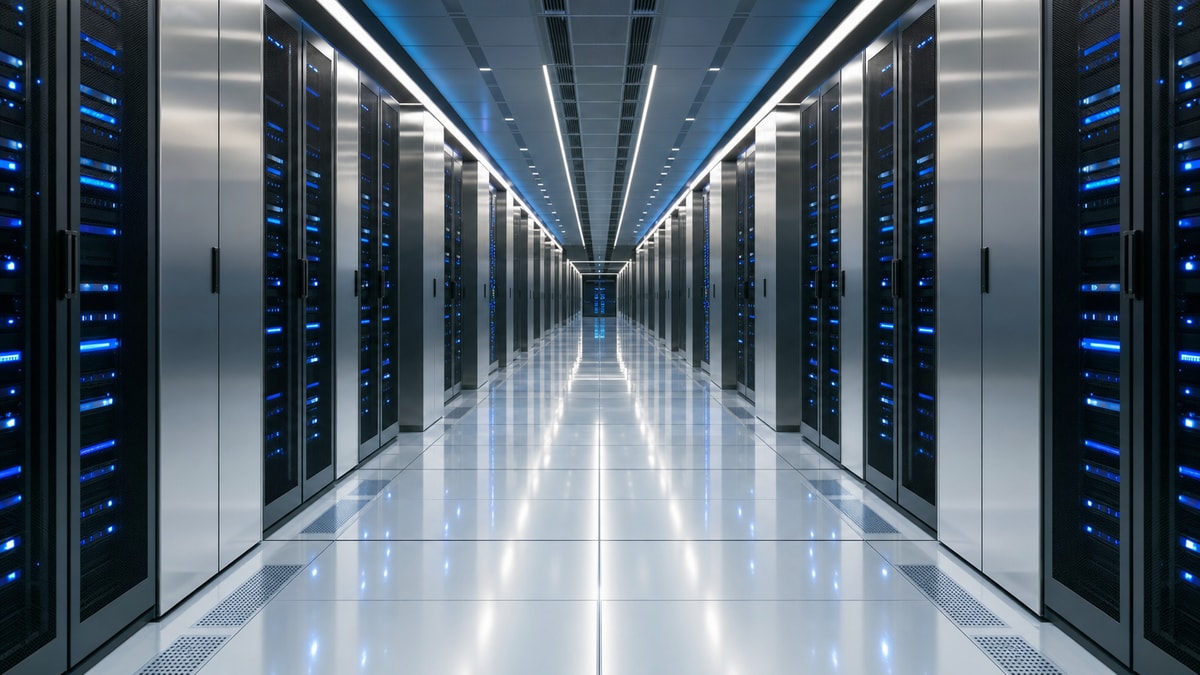 Corredor de racks de mainframes e servidores em datacenter corporativo de processamento financeiro.