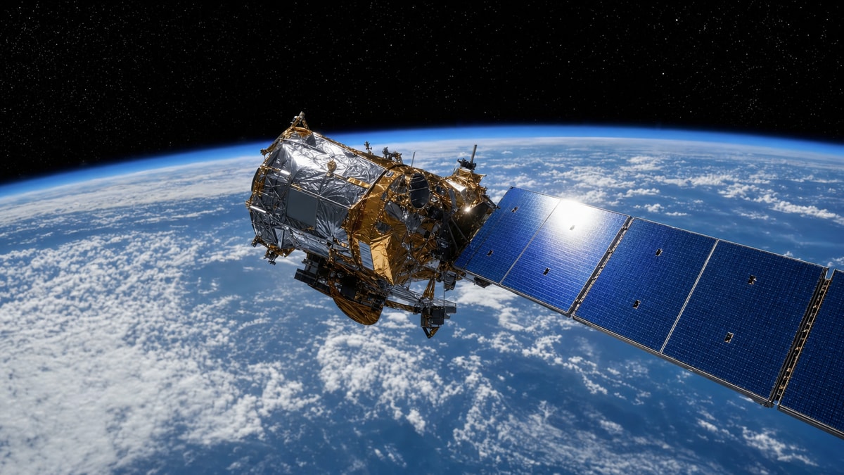 Satélite orbital sustentado por força centrípeta gravitacional Satélite científico em órbita circular ao redor da Terra, exemplificando a aceleração centrípeta sustentada pela gravidade.