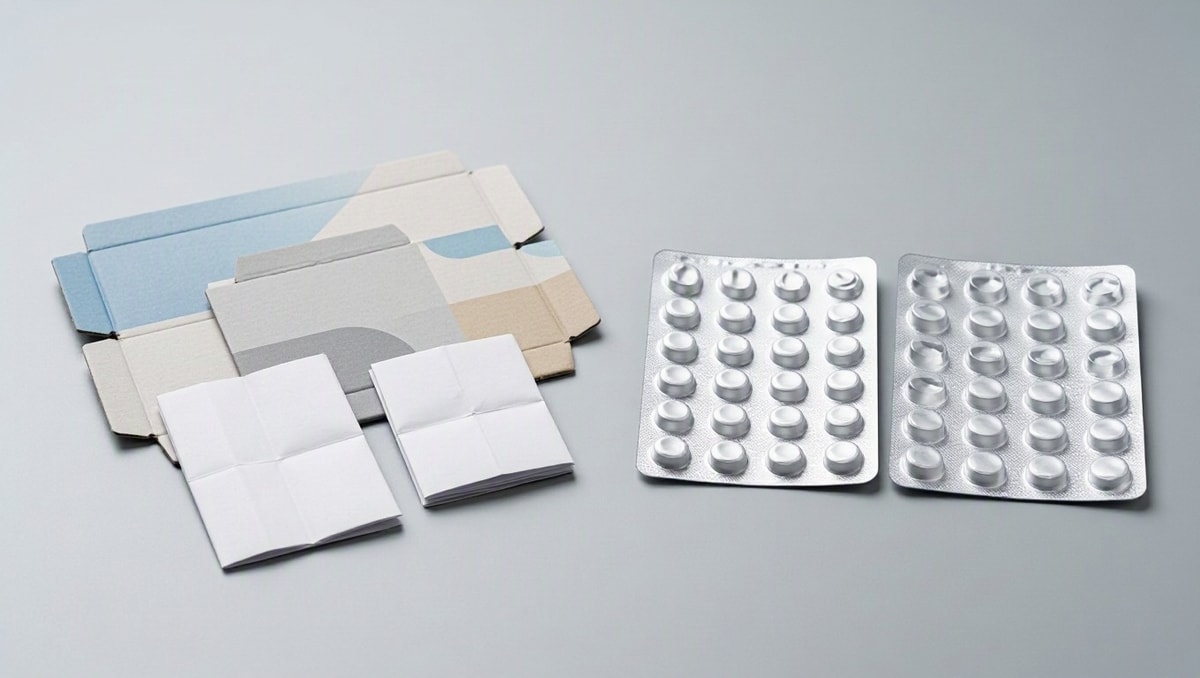 Separação de embalagens de papel e blísteres Caixas de papelão desmontadas e bulas separadas de cartelas metálicas de remédios para destinação correta.