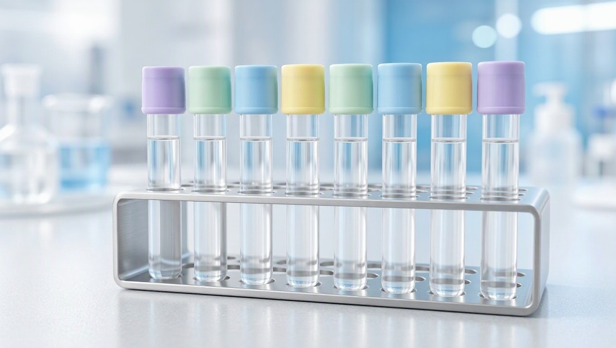Tubos de ensaio laboratoriais com tampas coloridas em suporte metálico em ambiente limpo.
