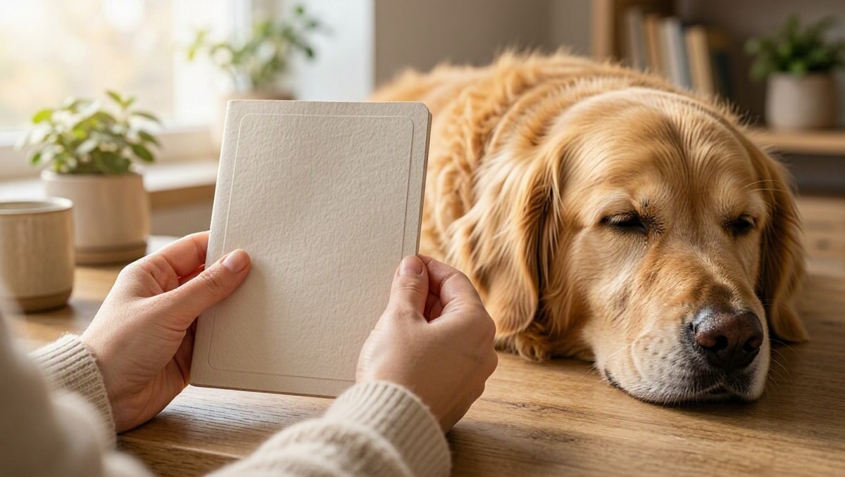 Mãos de tutor segurando livreto de vacinação canina sobre mesa de madeira ao lado de cachorro descansando a cabeça.